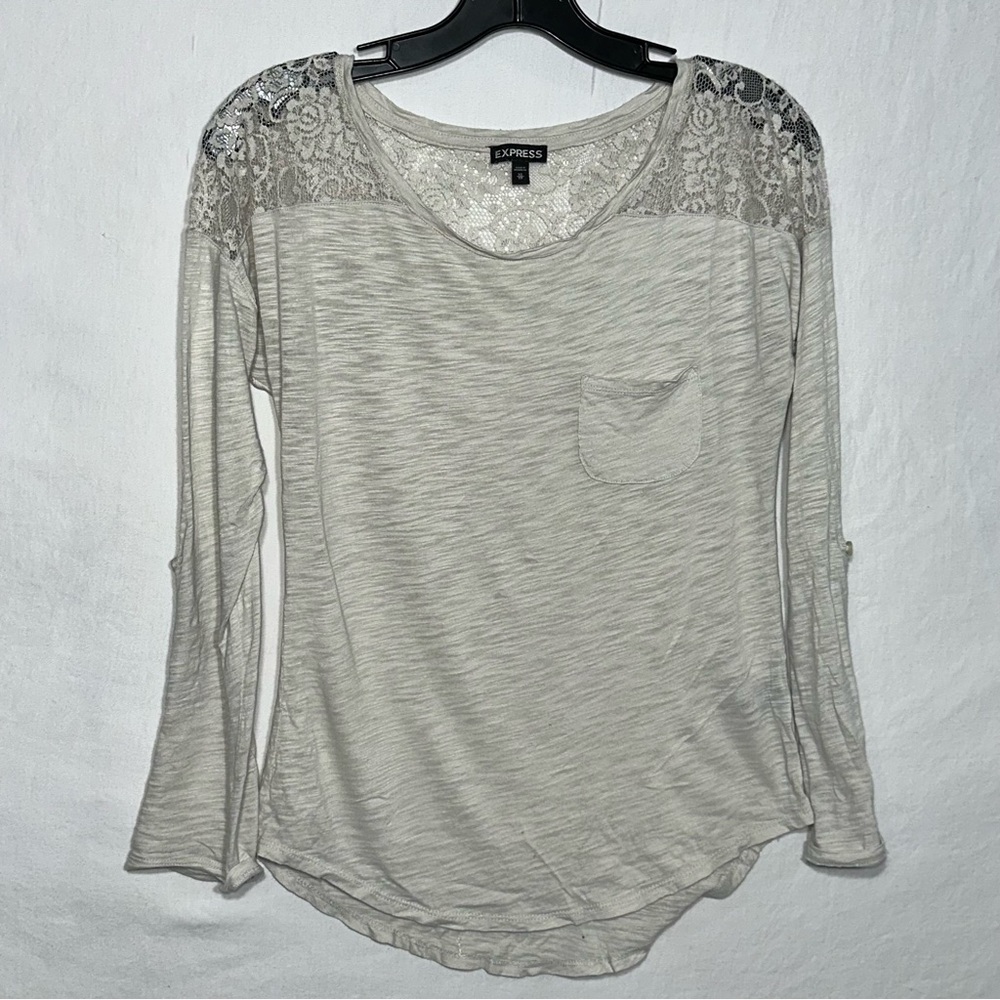 EXPRESS Women's White Lace Shoulder Top Long Roll Tab Sleeve Pocket XS